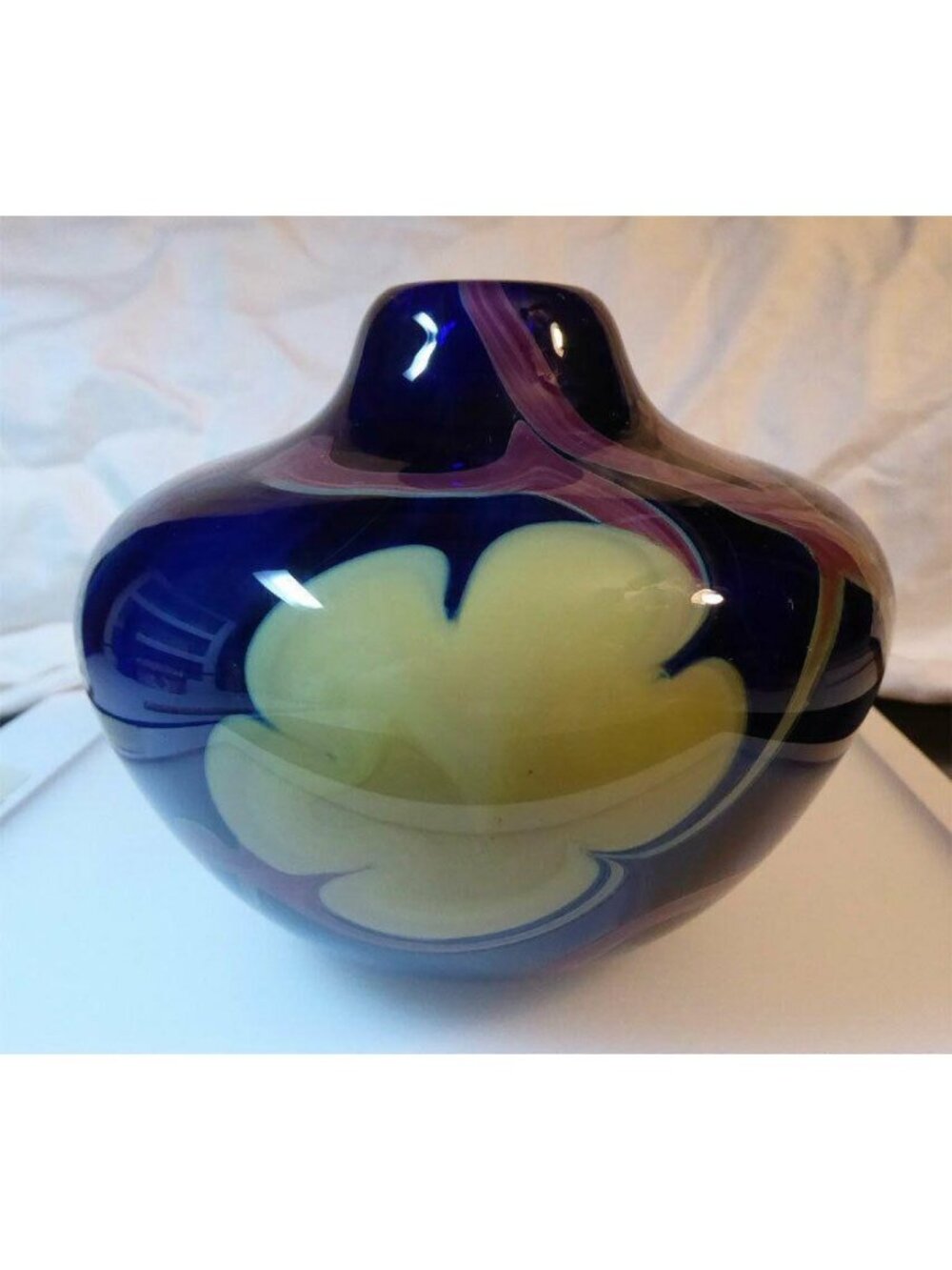 Vintage Signed John Byron 1981 Cobalt Blue Floral Studio Art Glass Vase